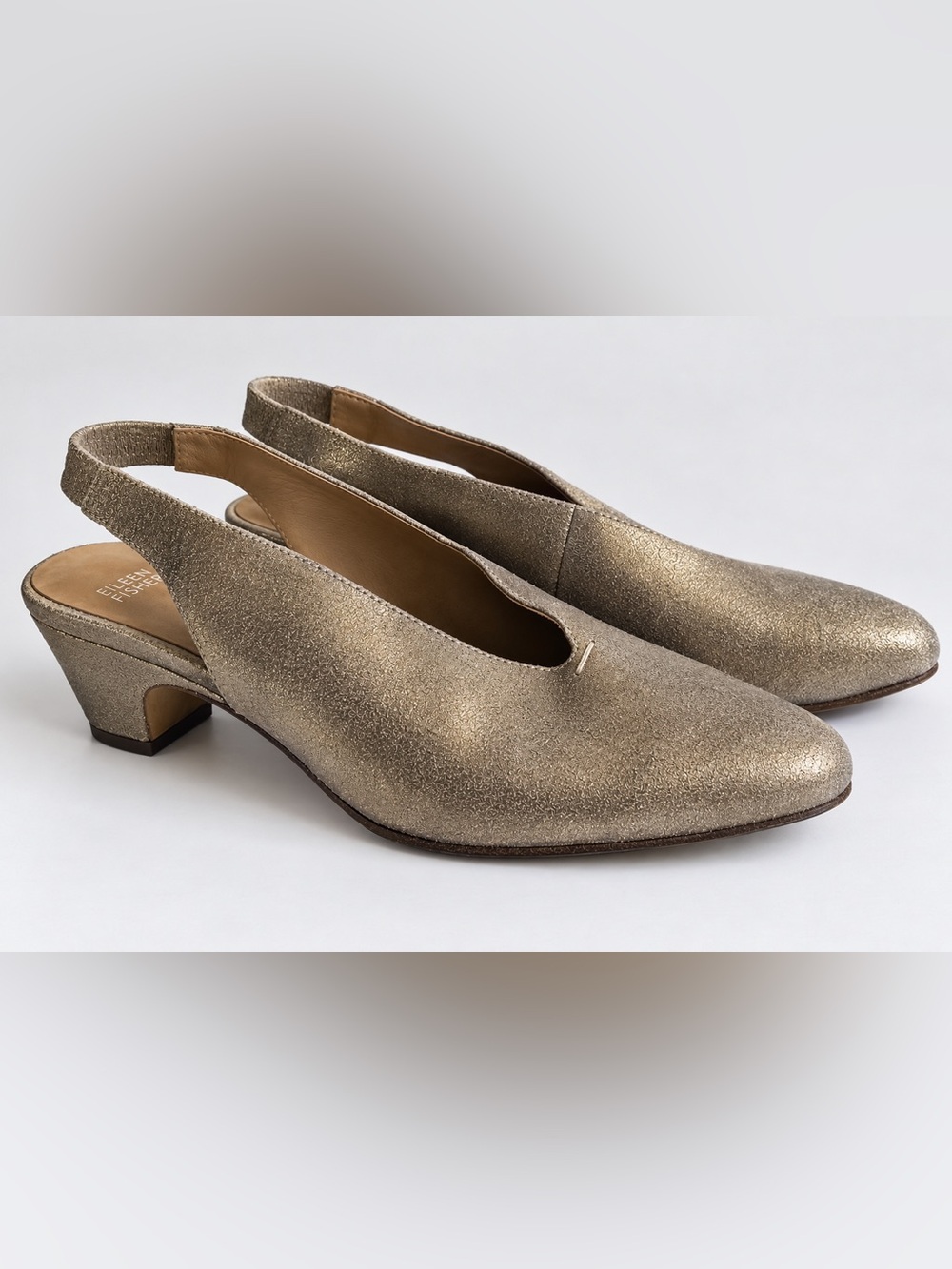 Eileen Fisher Moddi Metallic Suede Slingback Block Heel Pumps 9 Platinum